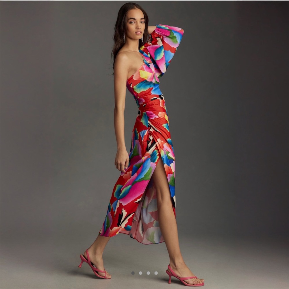 NWOT FARM Rio Colorful One-Shoulder Slim Floral Midi Dress